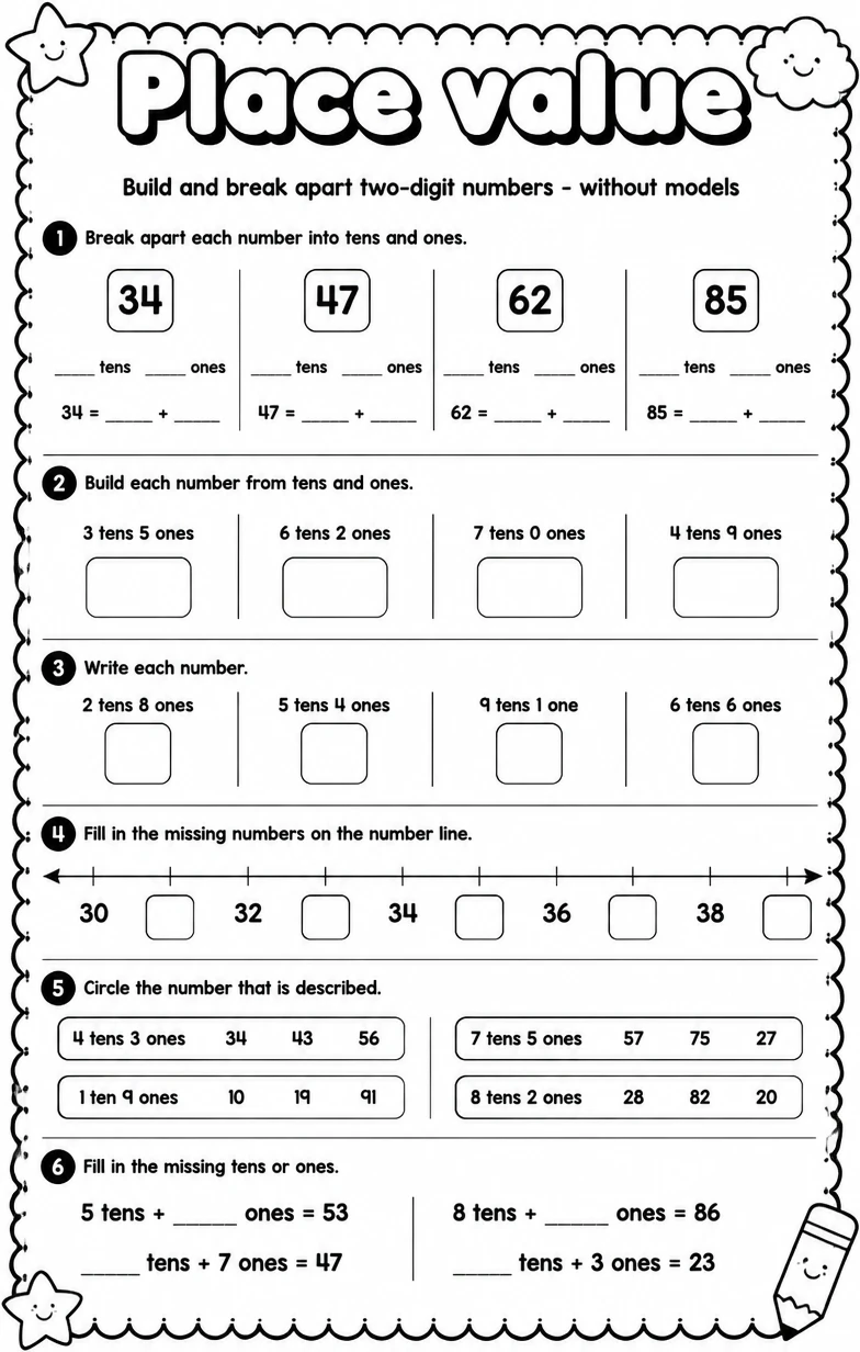 Build and break apart two-digit numbers - without models — free printable Grade 1 math worksheet