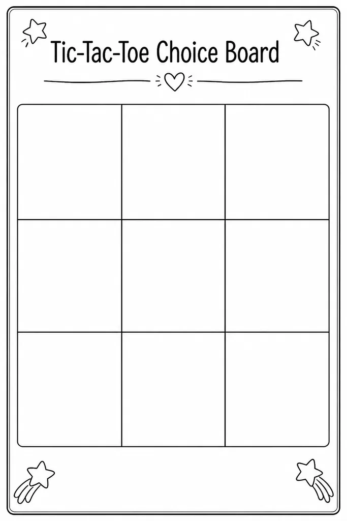 Blank printable tic-tac-toe choice board with nine equal squares for teacher-written activities and a three-in-a-row completion rule