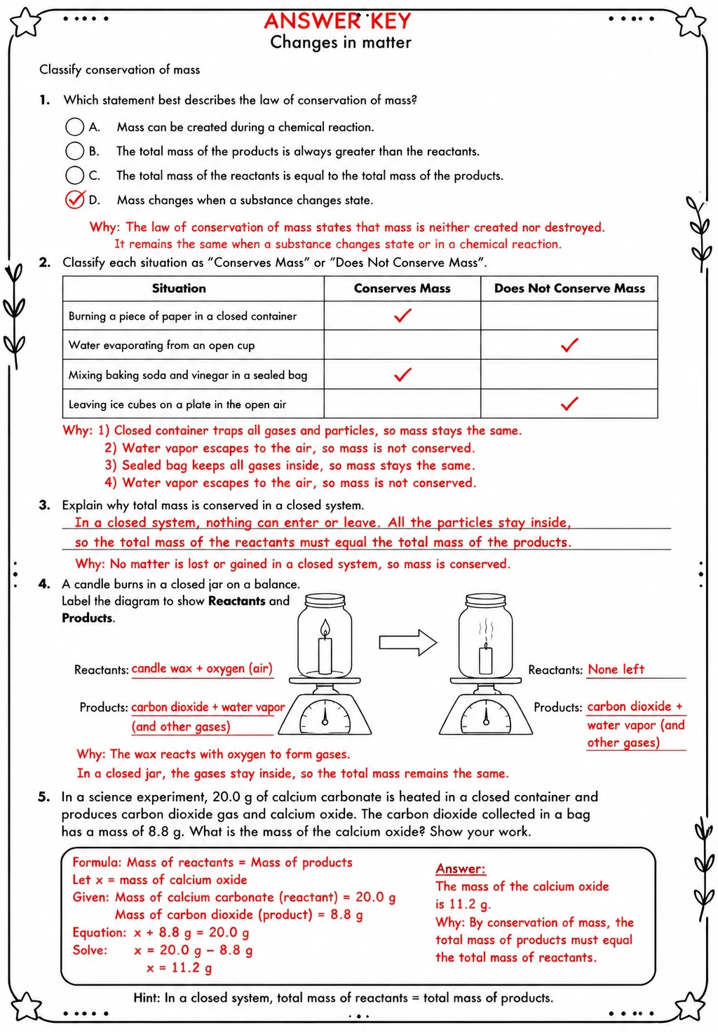 Answer key for Classify conservation of mass — free printable Science worksheet
