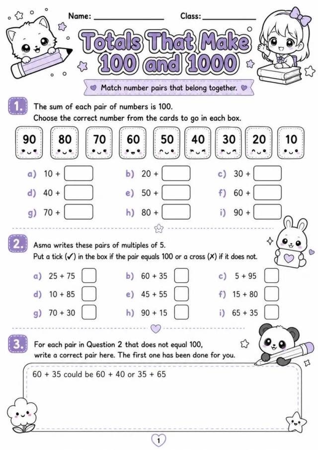 Totals That Make 100 and 1000 - Grade 3 Math Worksheet - WKS-MAT-grade-3-XH-0092-EN grade 3 printable PDF preview