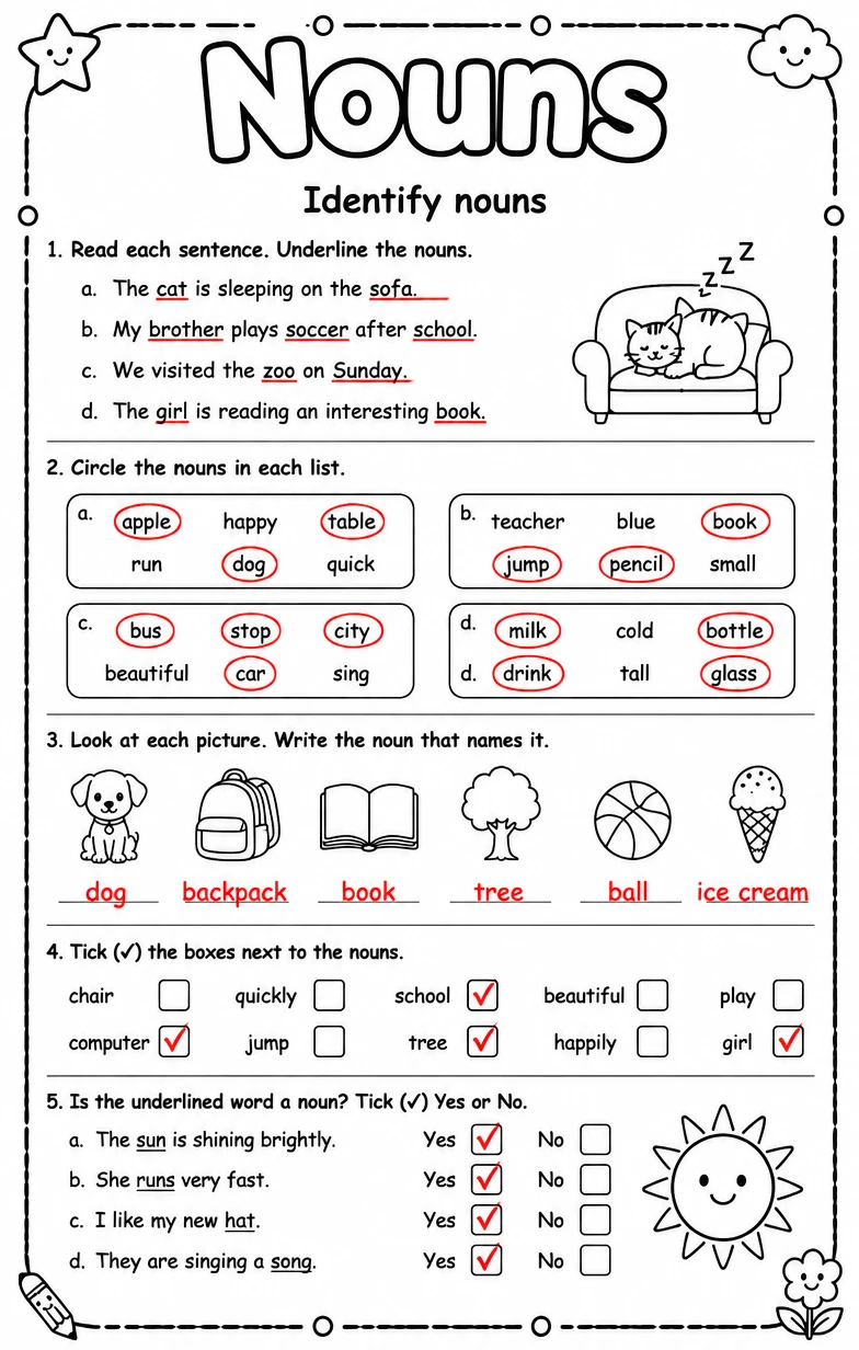 Answer key for Identify nouns — free printable English & Reading worksheet