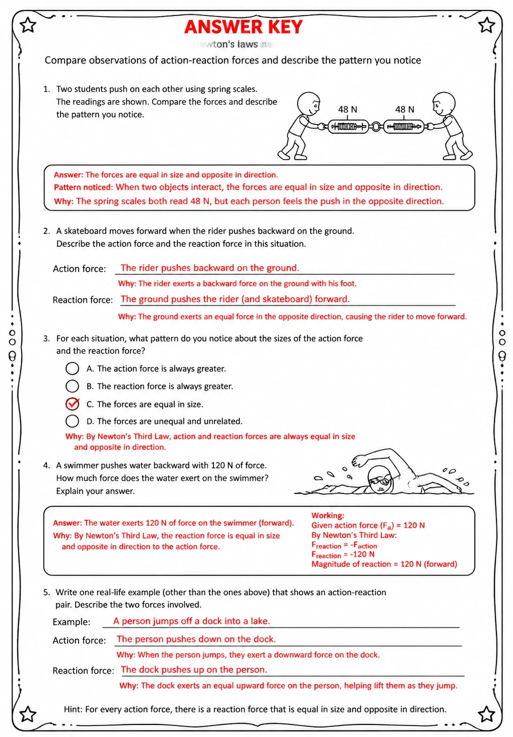 Answer key for Compare observations of action-reaction forces and describe the pattern you notice — free printable Science worksheet