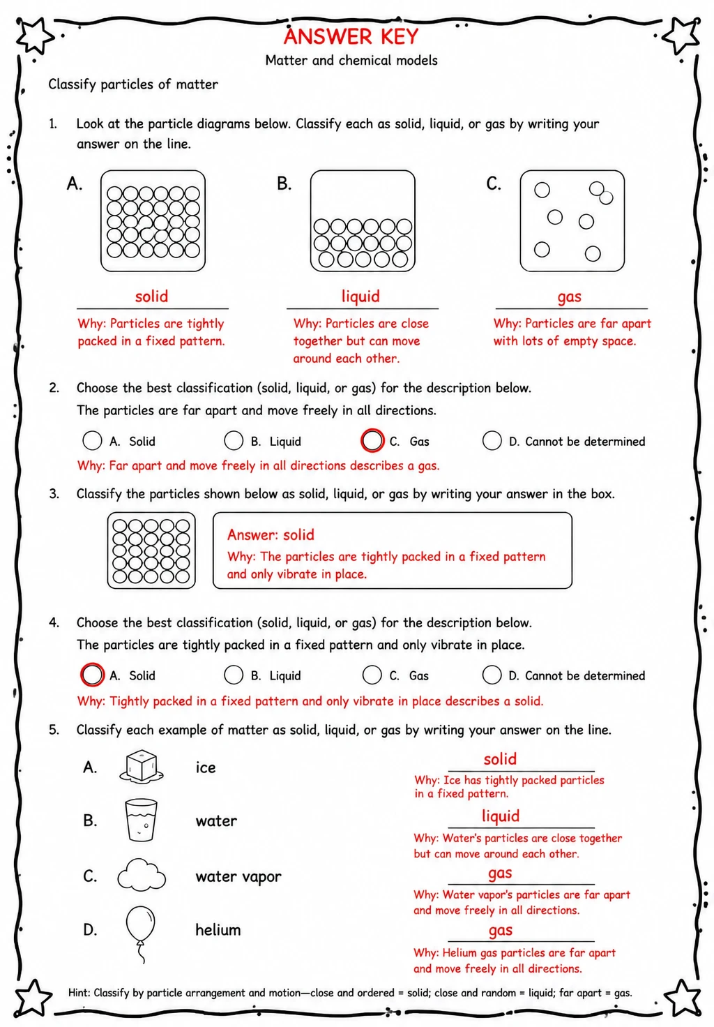 Answer key for Classify particles of matter — free printable Science worksheet