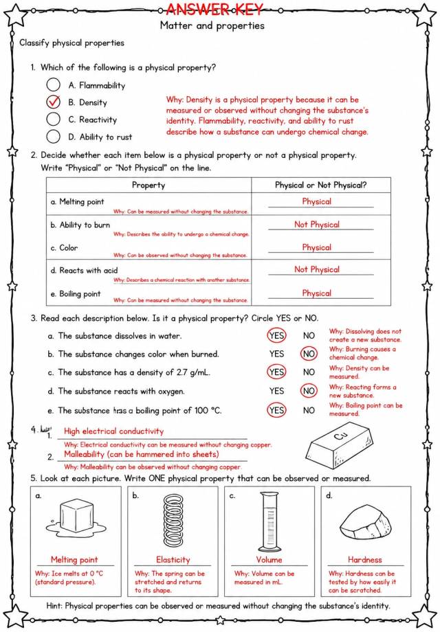 Answer key for Classify physical properties — free printable Science worksheet