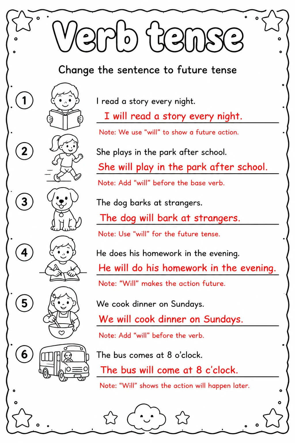 Answer key for Change the sentence to future tense — free printable English & Reading worksheet