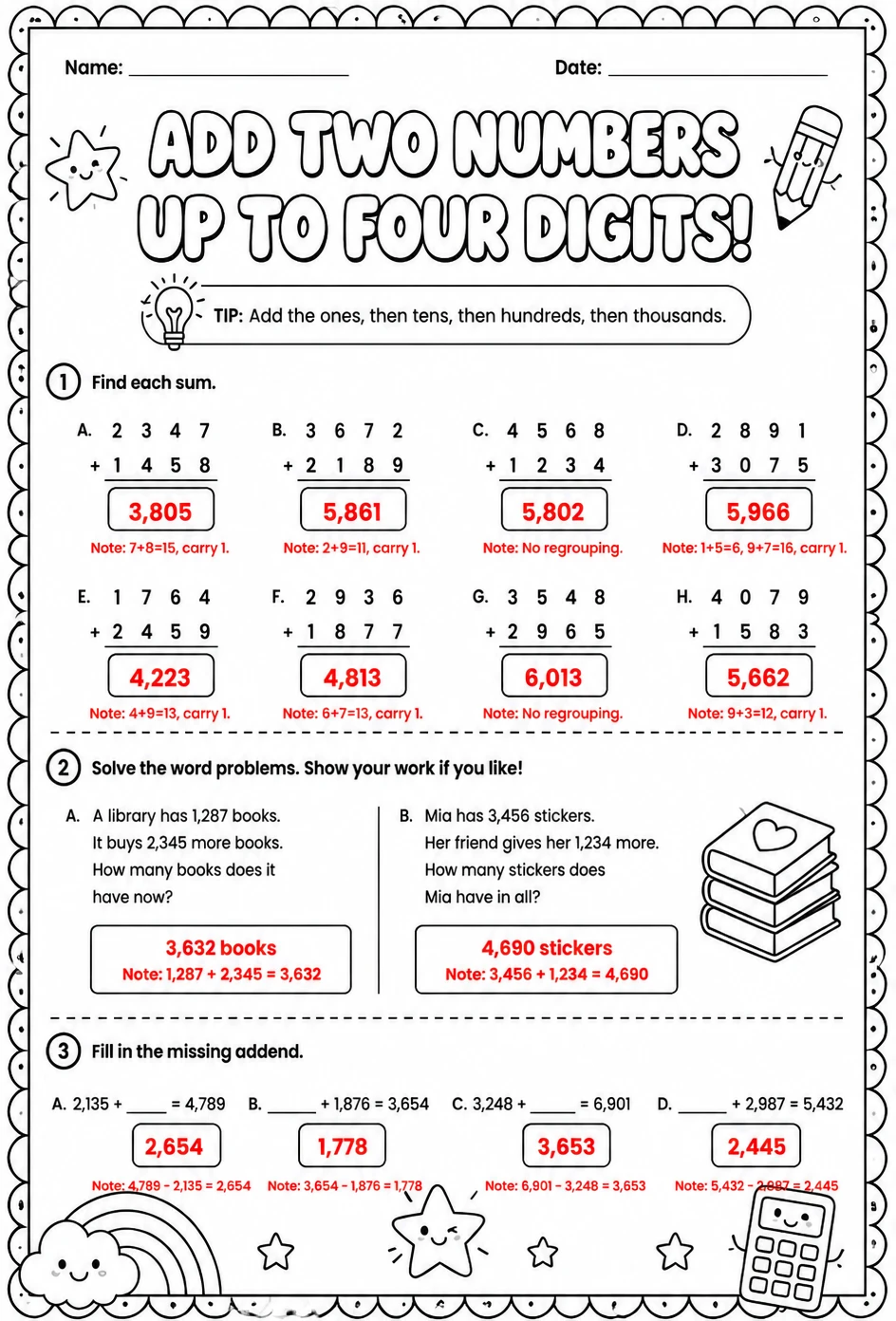 Answer key for Add two numbers up to four digits — free printable Math worksheet