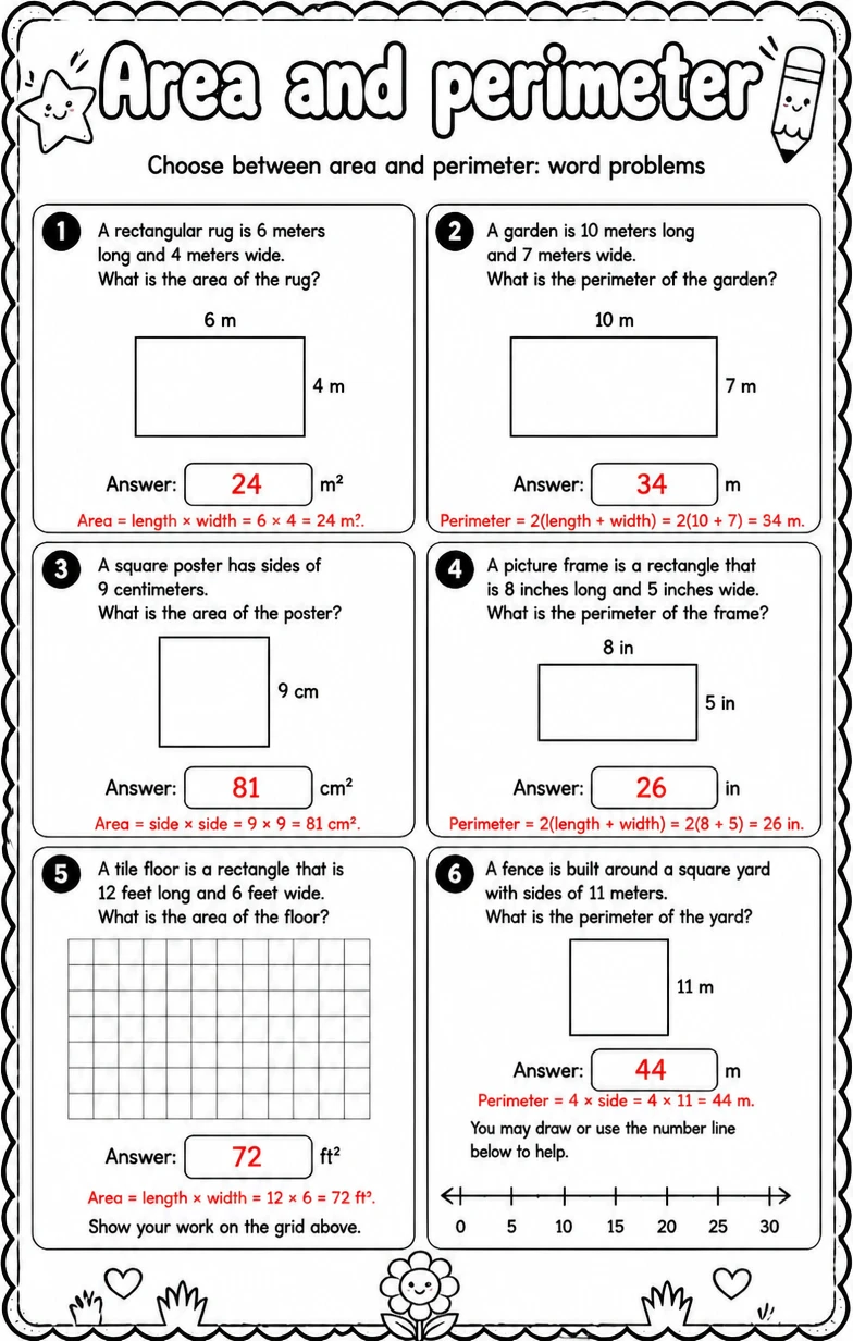 Answer key for Choose between area and perimeter: word problems — free printable Math worksheet