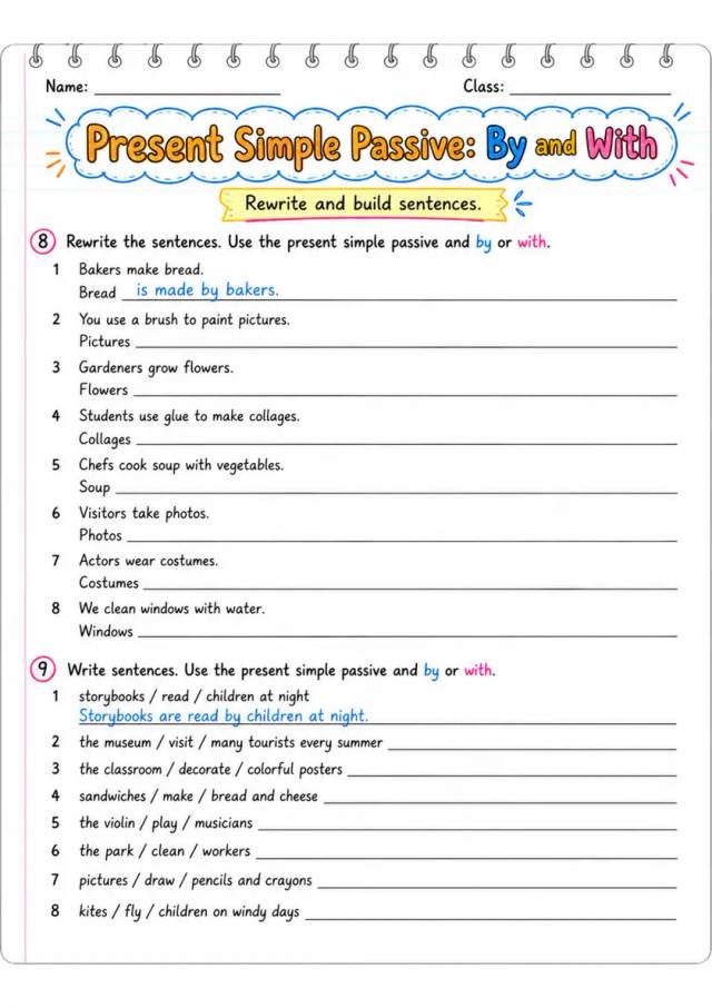 Present Simple Passive: By And With | Grade 5 Grammar Worksheet grade 5 printable PDF preview