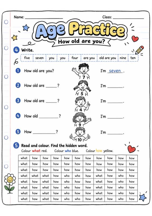Age Questions and Question Words | Grade 1 Grammar Worksheet grade 1 printable PDF preview
