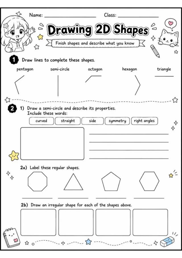 Drawing 2D Shapes - Grade 3 Math Worksheet grade 3 printable PDF preview