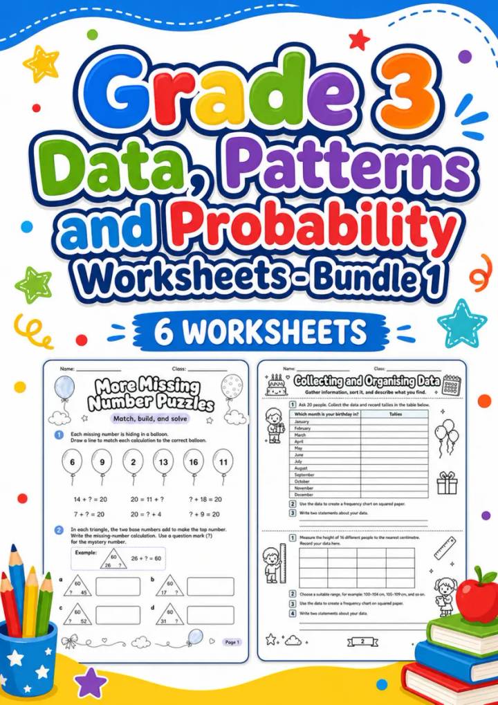 Grade 3 Data, Patterns and Probability Worksheets - Pack 1 grade 3 printable PDF preview