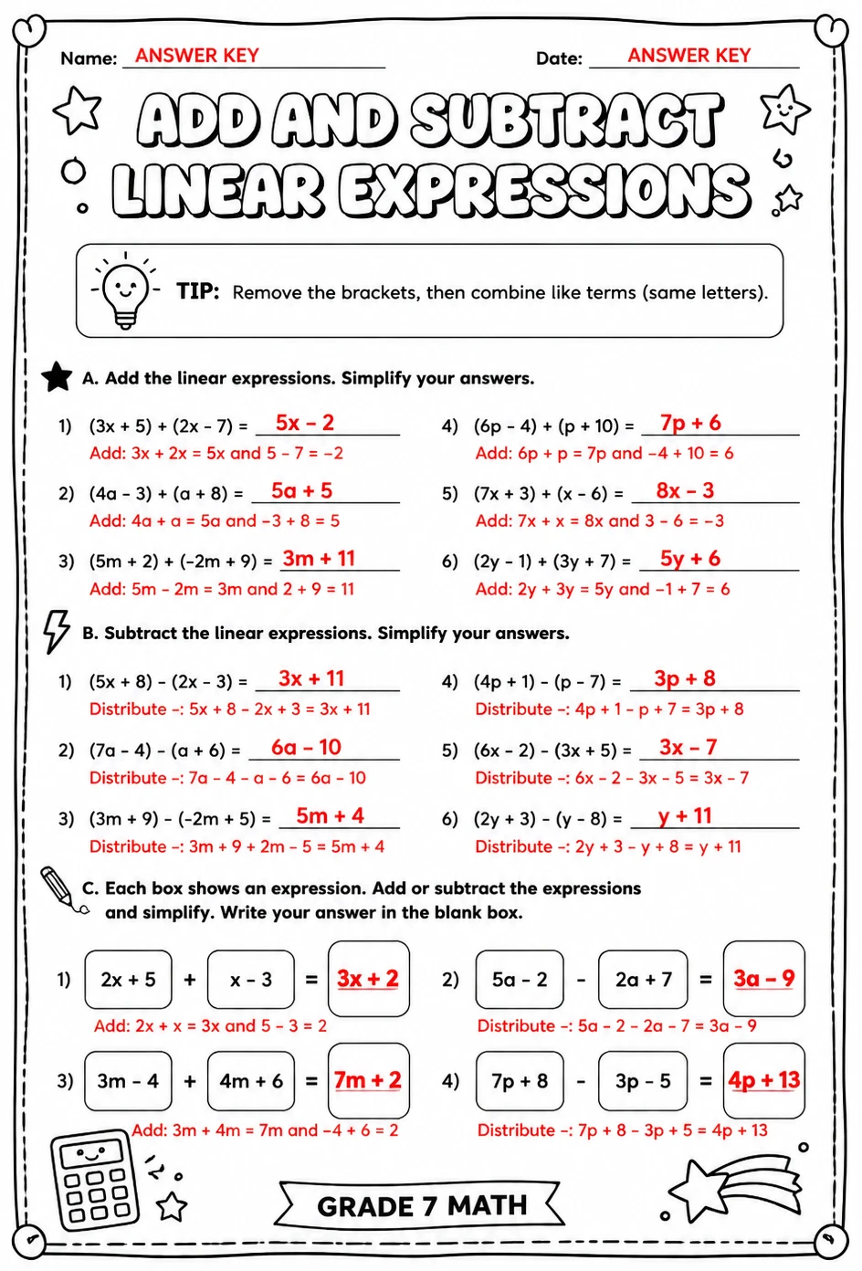 Answer key for Add and subtract linear expressions — free printable Math worksheet