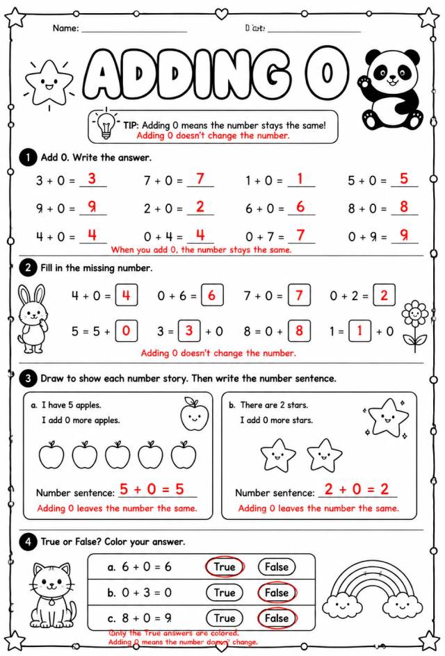 Answer key for Adding 0 — free printable Math worksheet
