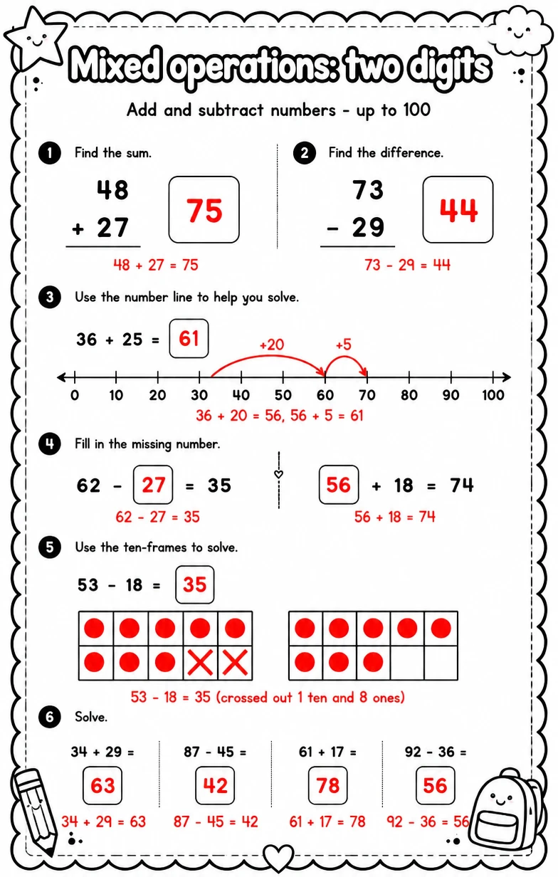 Answer key for Add and subtract numbers - up to 100 — free printable Math worksheet