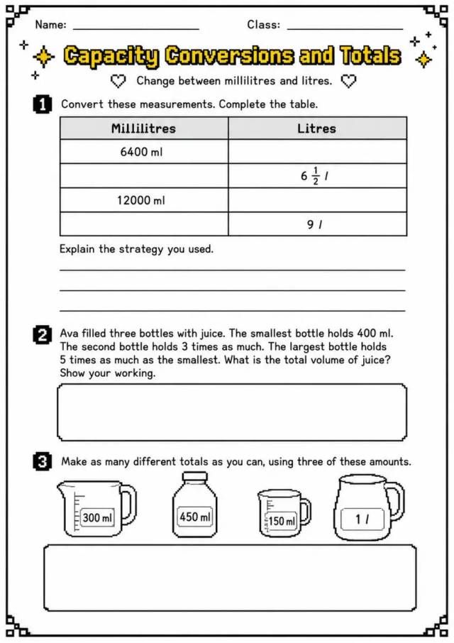 Capacity Conversions and Totals - Grade 3 Math Worksheet grade 3 printable PDF preview
