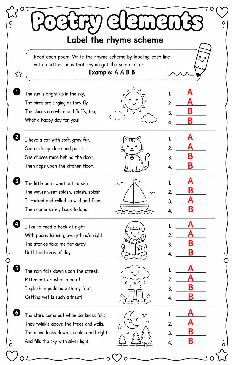 Answer key for Label the rhyme scheme — free printable English & Reading worksheet