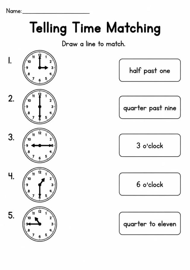 Telling Time matching worksheet for Kindergarten