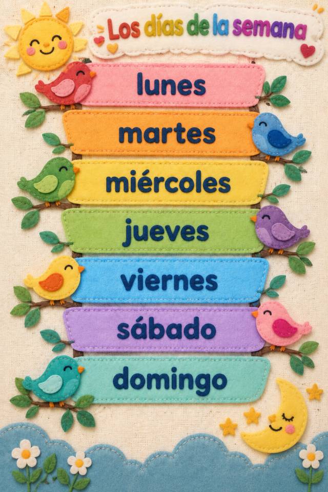 Póster de fieltro bordado con siete paneles de colores etiquetados lunes, martes, miércoles, jueves, viernes, sábado y domingo.