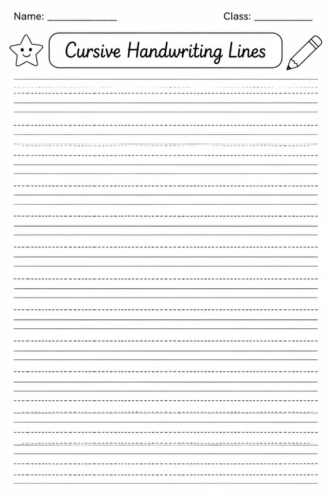 Free printable Cursive Handwriting Lines template with three-line guide rows scaled for joined cursive script practice in Grades 2 through 5