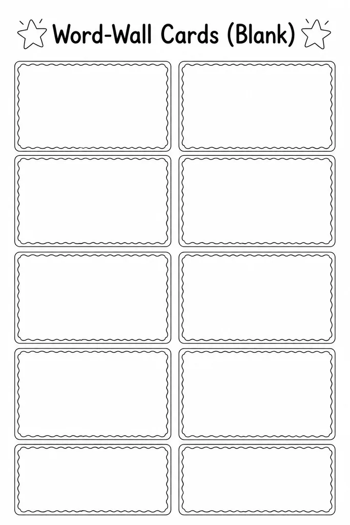 A sheet of blank printable word-wall cards with empty frames ready for vocabulary terms, designed for classroom display