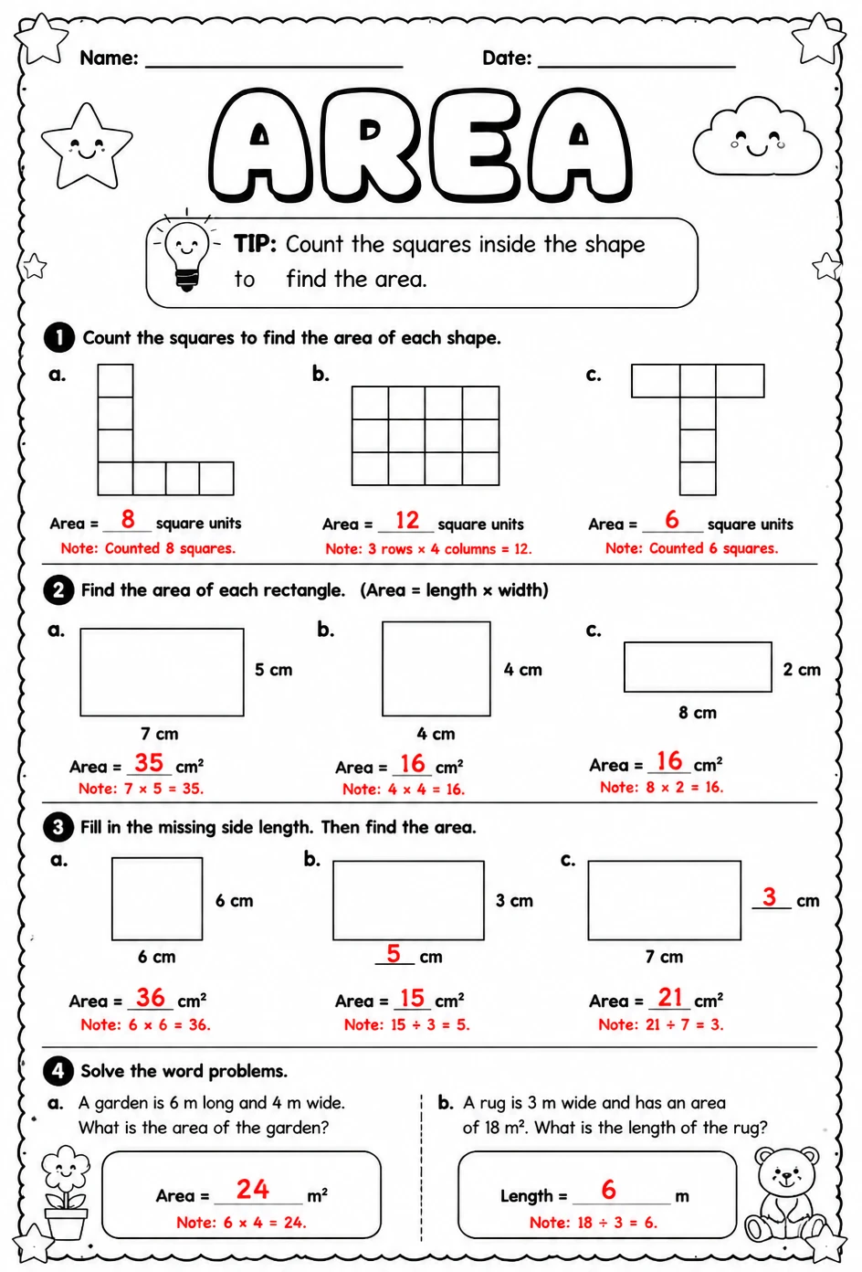 Answer key for Area — free printable Math worksheet