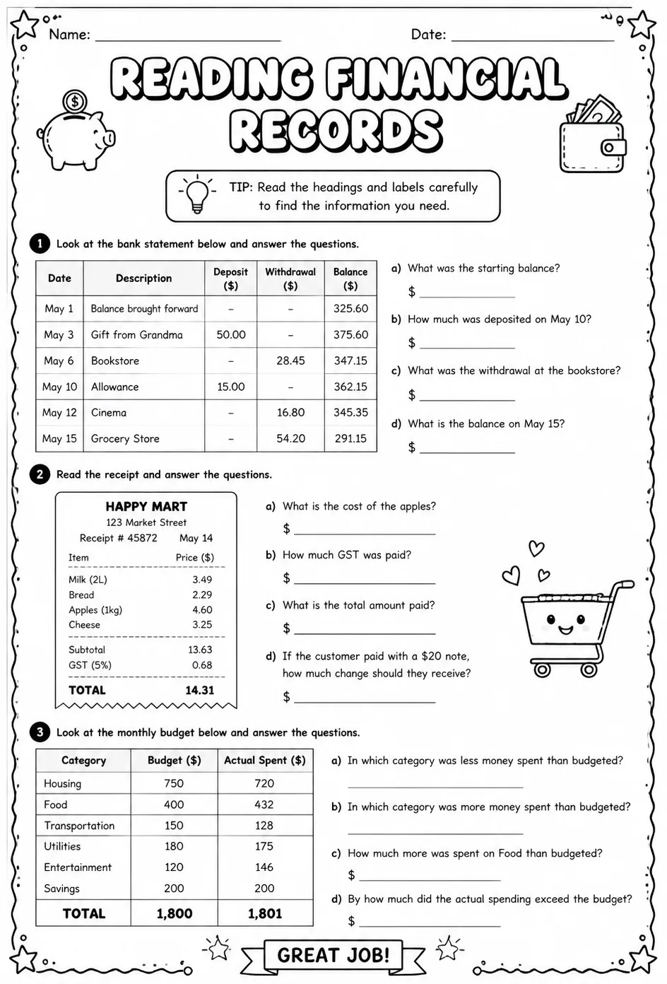 Reading financial records — free printable Grade 5 math worksheet