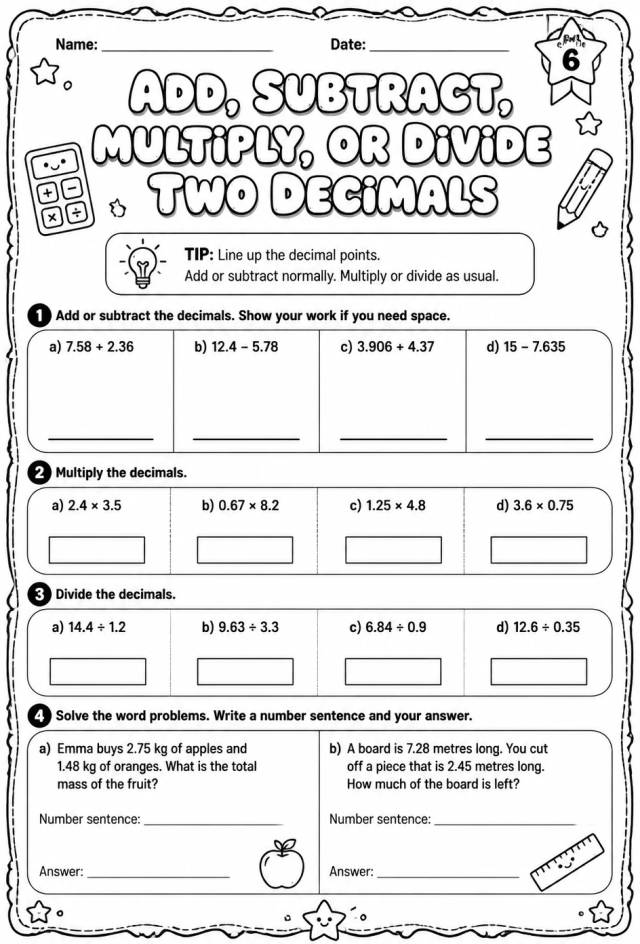 Add, subtract, multiply, or divide two decimals — free printable Grade 6 math worksheet