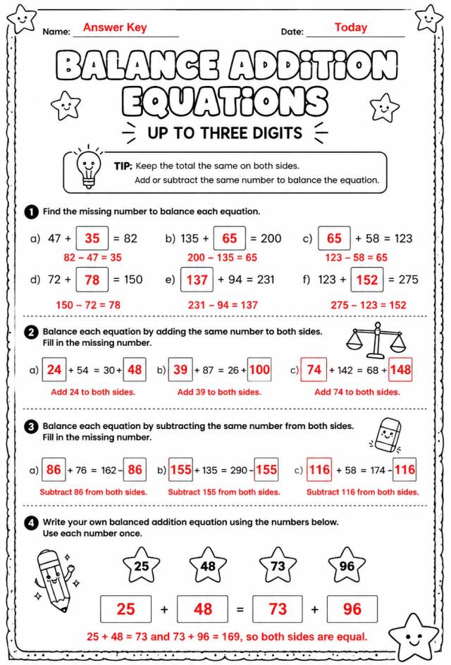 Answer key for Balance addition equations - up to three digits — free printable Math worksheet