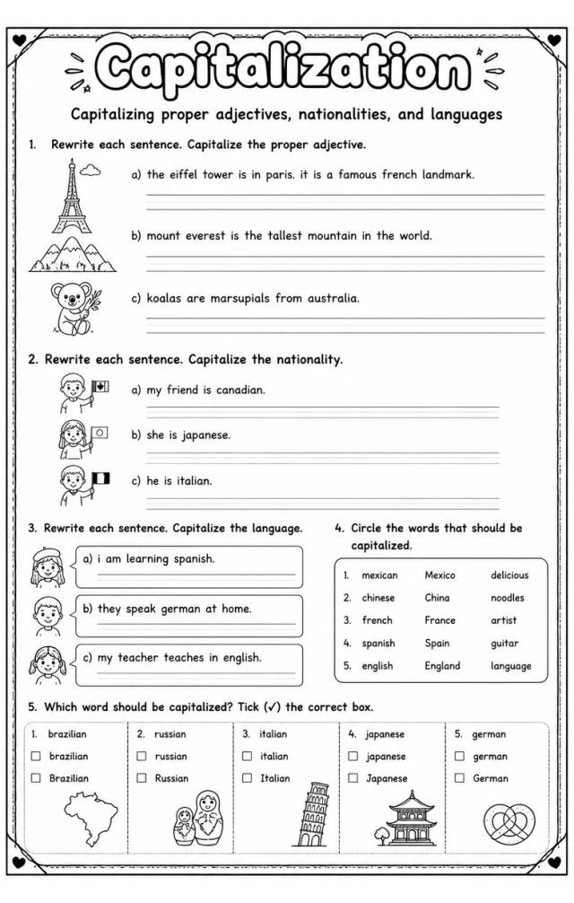Capitalizing proper adjectives, nationalities, and languages — free printable Grammar and mechanics English worksheet