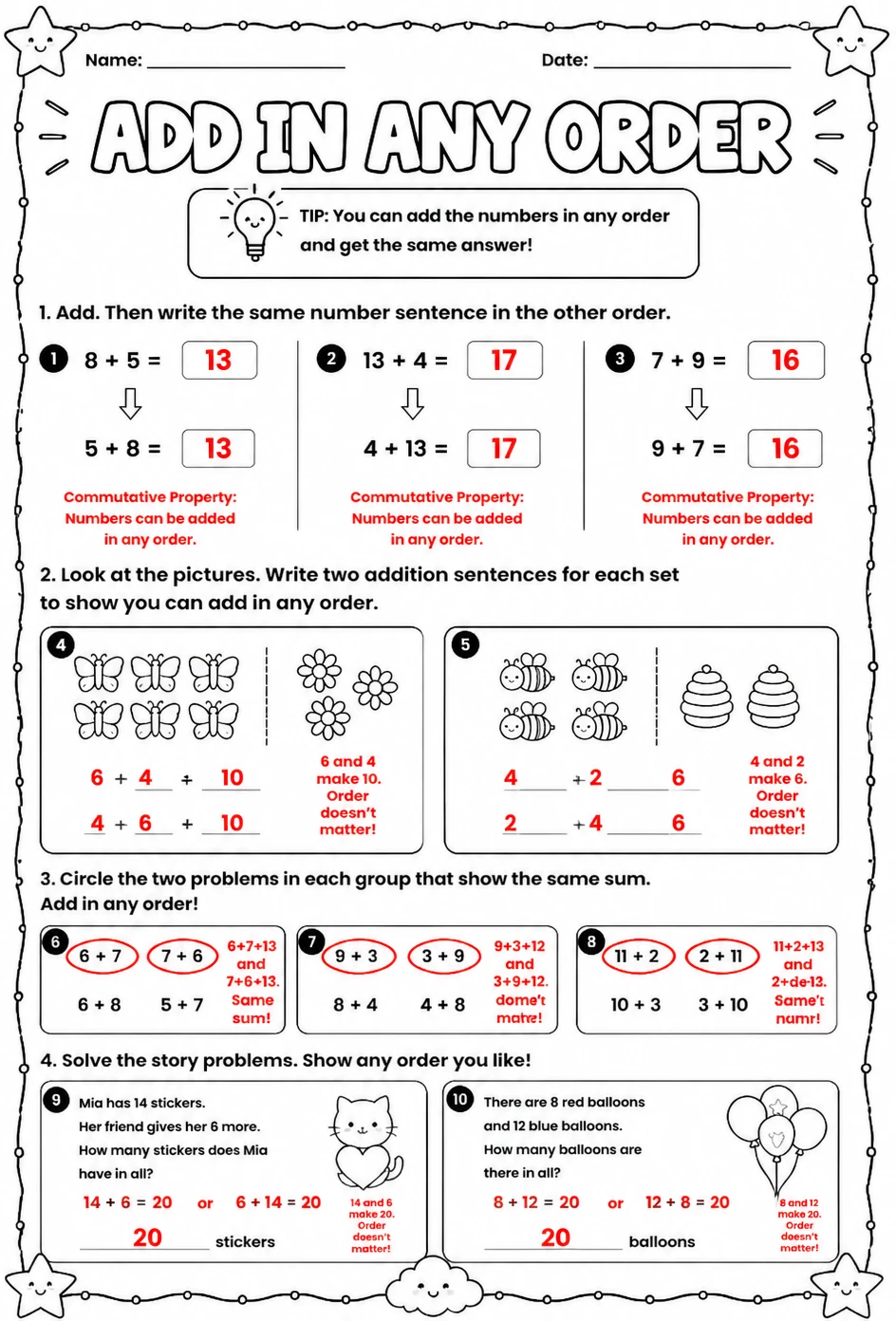 Answer key for Add in any order — free printable Math worksheet
