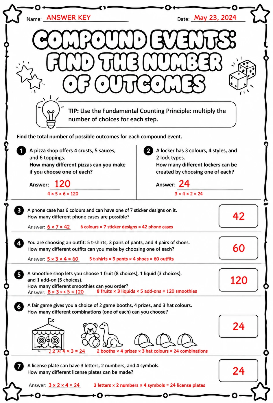 Answer key for Compound events: find the number of outcomes — free printable Math worksheet