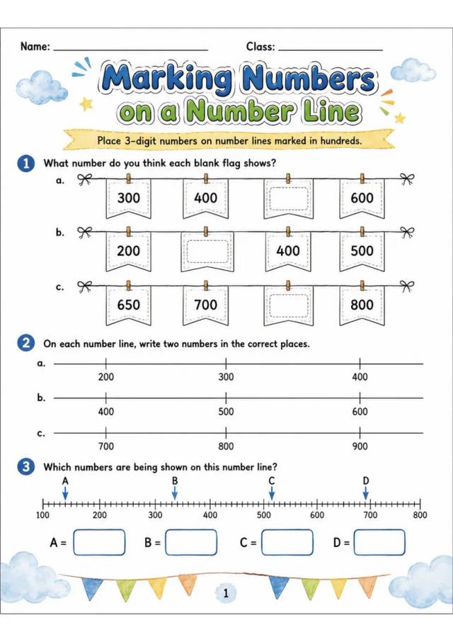Marking Numbers on a Number Line - Grade 3 Math Worksheet - grade 3 Reading, explanation, and short-response questions grade 3 printable PDF preview
