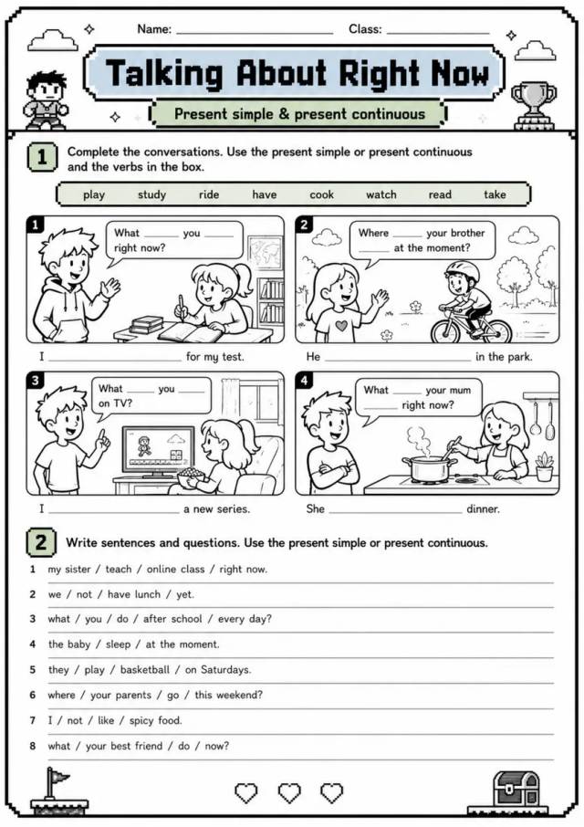Present and Past Tenses: Talking About Right Now | Grades 5-6 Grammar Worksheet grades 5 6 printable PDF preview