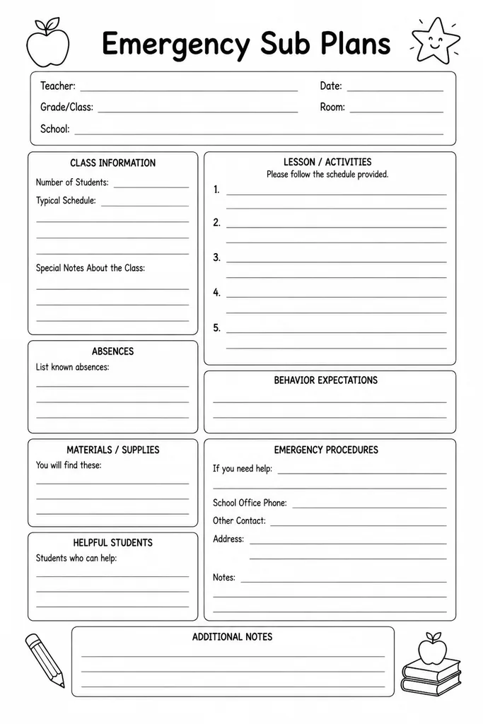 Blank emergency substitute plans template with spaces for class rules, activities, emergency contacts, and supply teacher instructions, ready to print