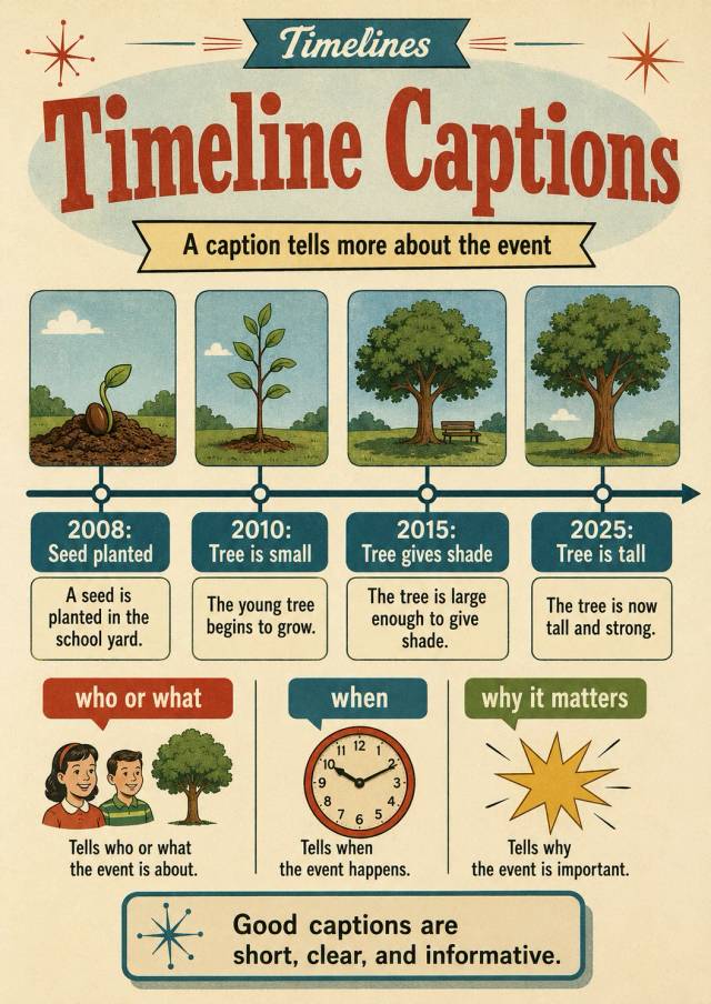 Timelines infographic poster showing Timeline Captions, A caption tells more about the event, 2008:, Seed planted and A seed is for...