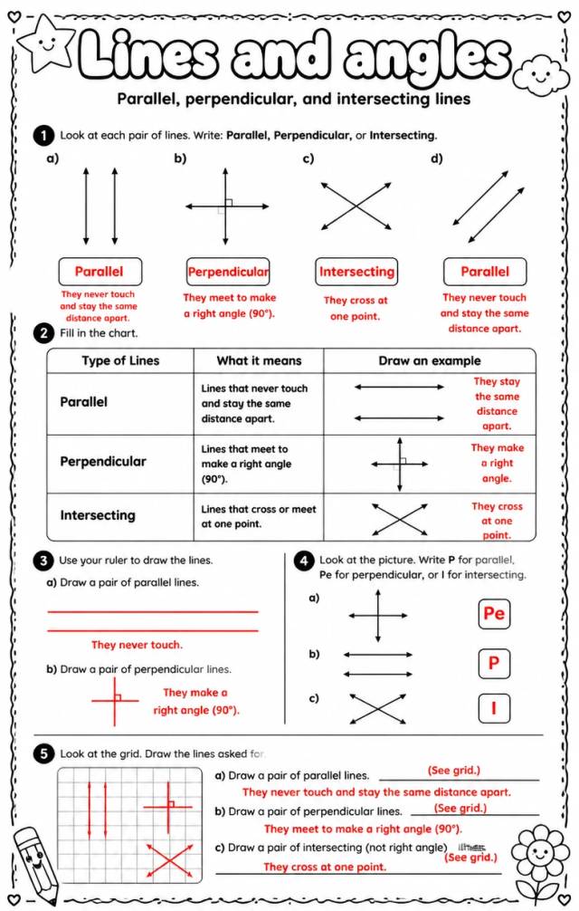 Answer key for Parallel, perpendicular, and intersecting lines — free printable Math worksheet