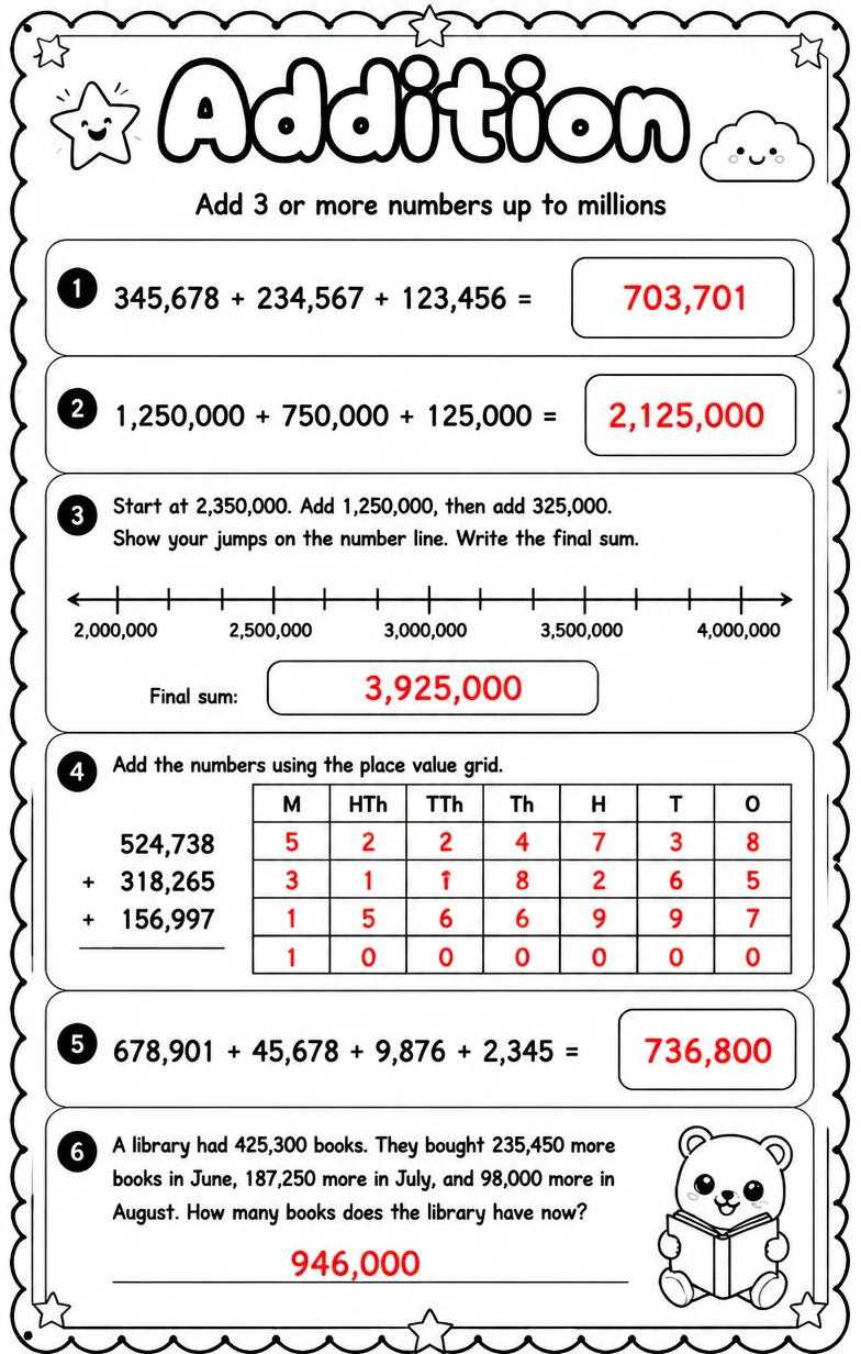 Answer key for Add 3 or more numbers up to millions — free printable Math worksheet