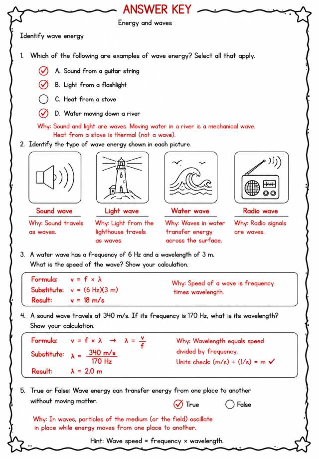 Answer key for Identify wave energy — free printable Science worksheet