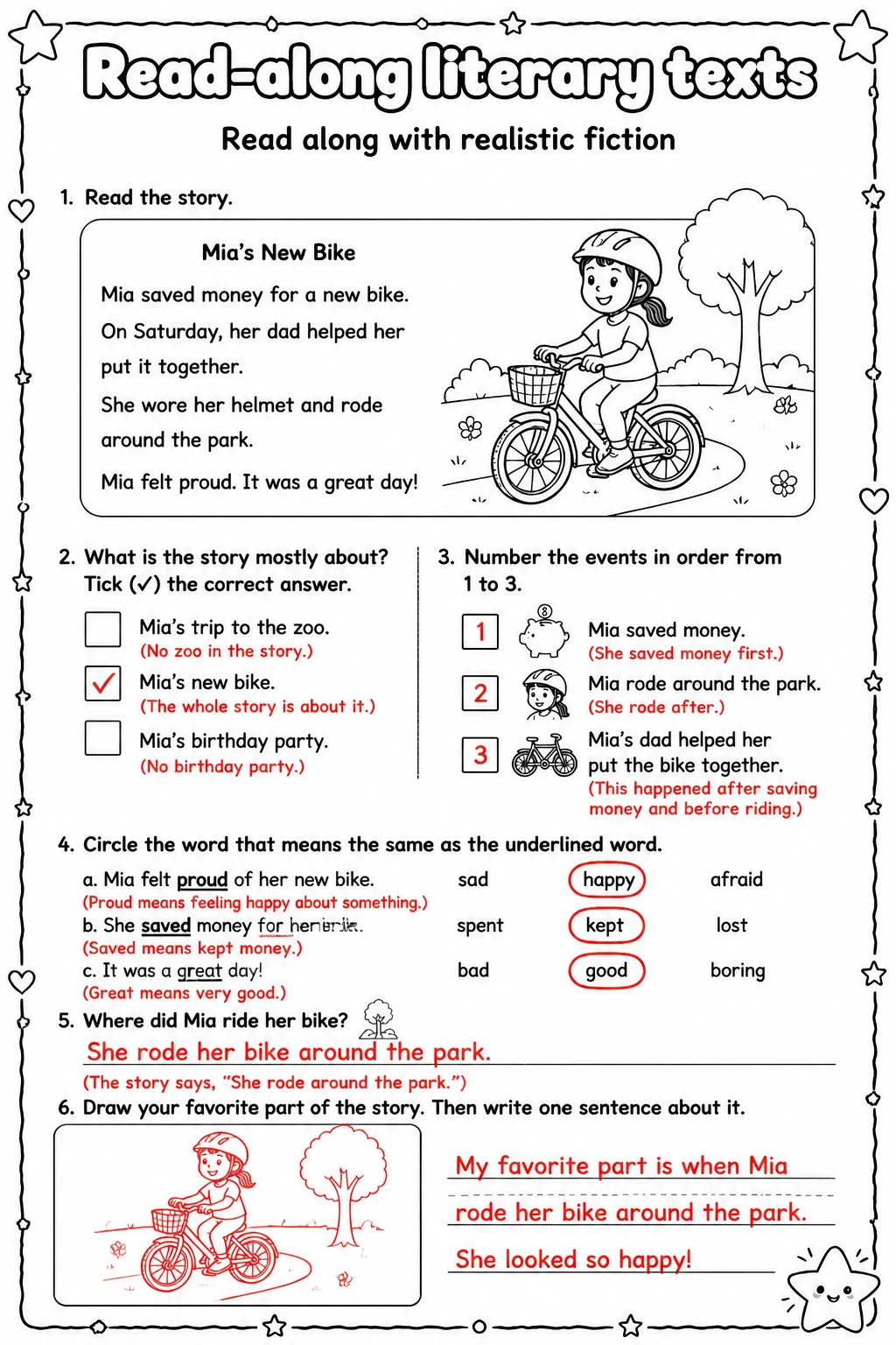 Answer key for Read along with realistic fiction — free printable English & Reading worksheet