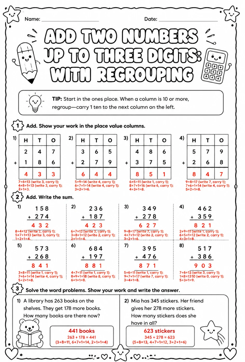 Answer key for Add two numbers up to three digits: with regrouping — free printable Math worksheet