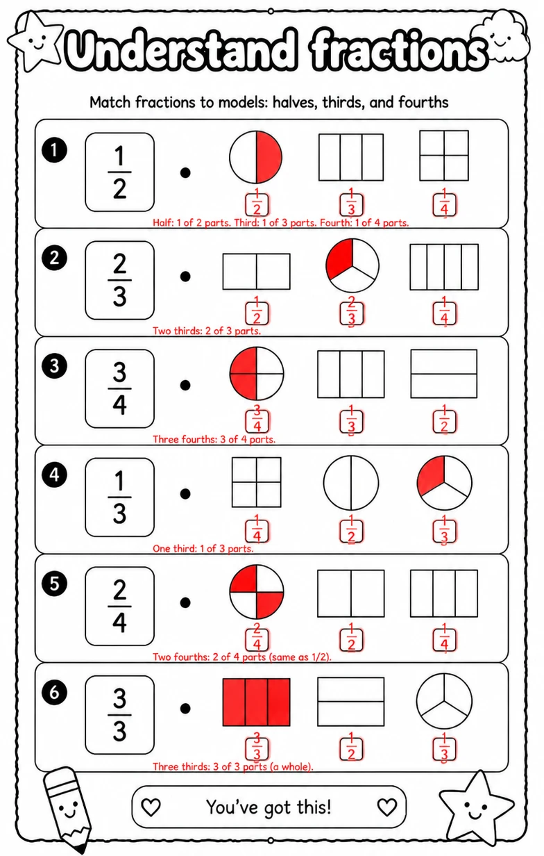 Answer key for Match fractions to models: halves, thirds, and fourths — free printable Math worksheet