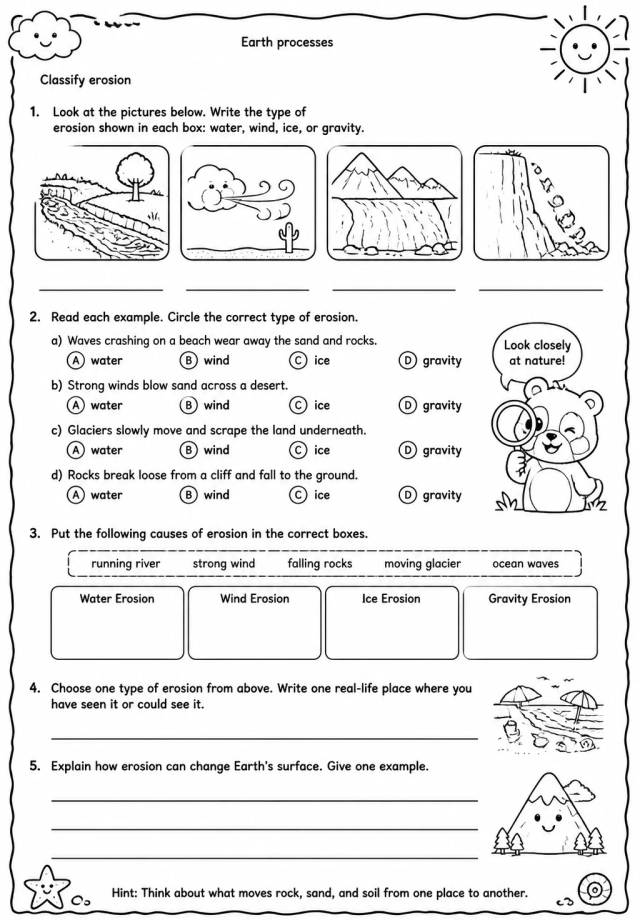 Classify erosion — free printable Grade 4 Science worksheet