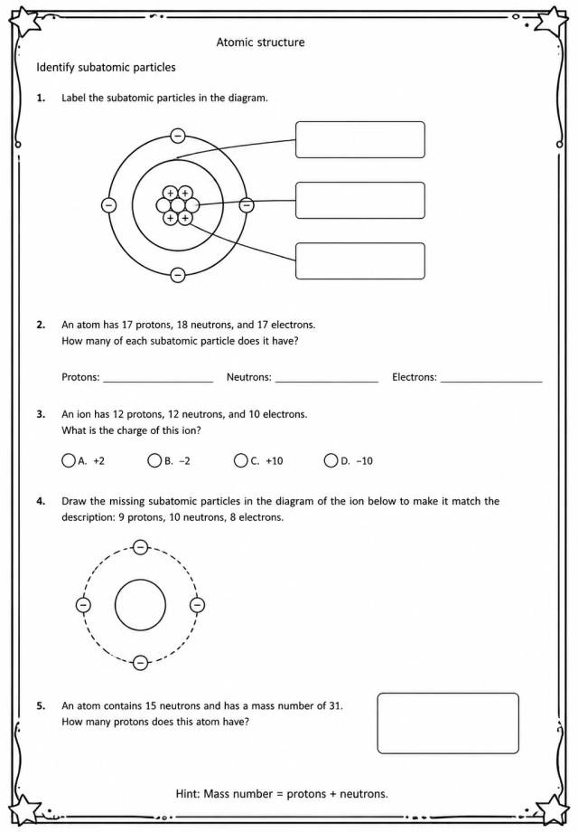 Identify subatomic particles — free printable High School Science worksheet