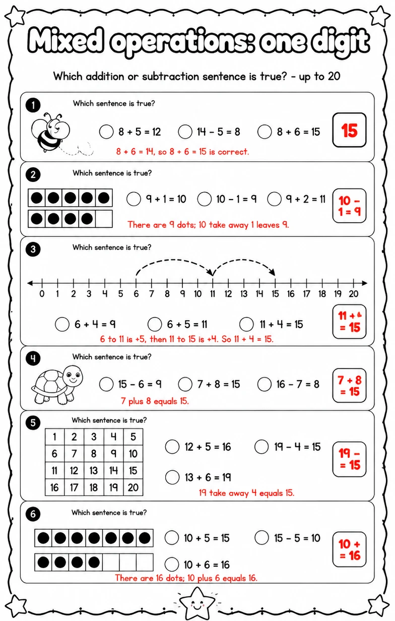 Answer key for Which addition or subtraction sentence is true? - up to 20 — free printable Math worksheet