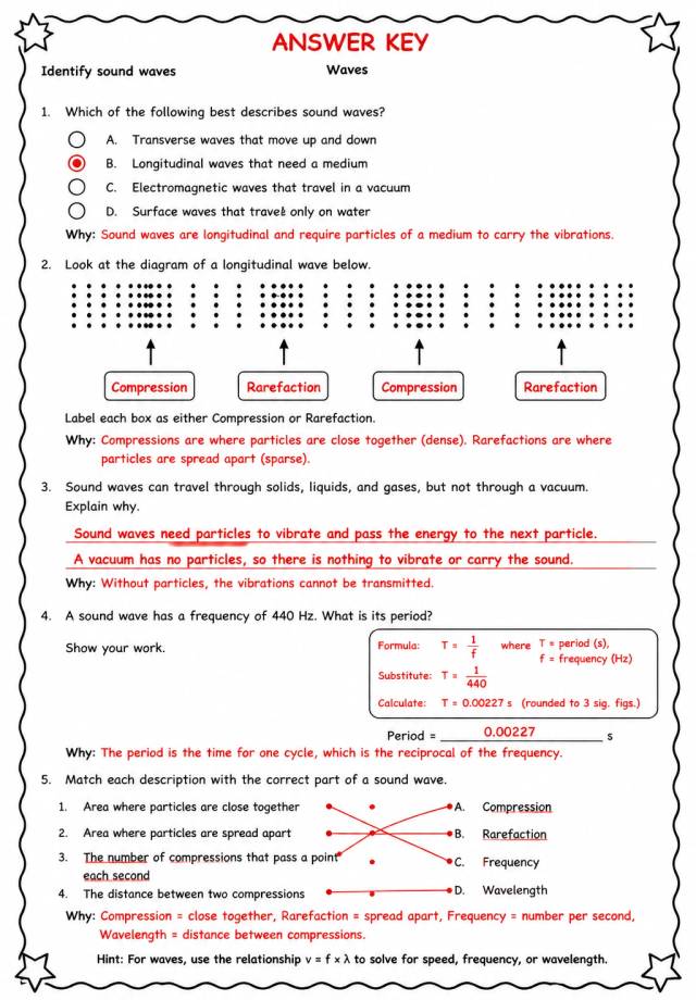 Answer key for Identify sound waves — free printable Science worksheet