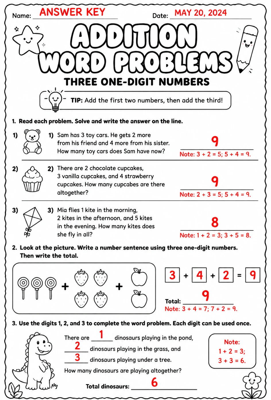 Answer key for Addition word problems - three one-digit numbers — free printable Math worksheet