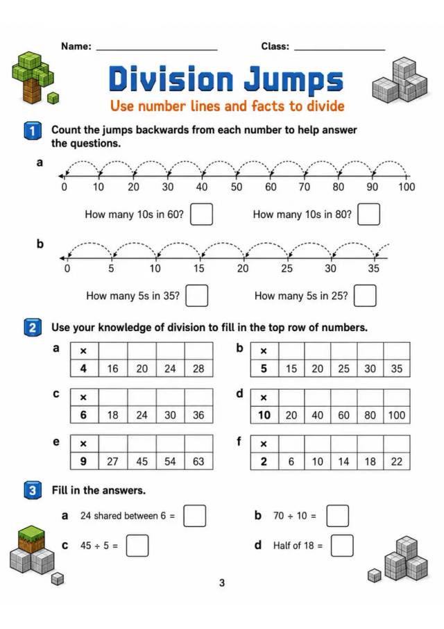 Division Jumps - Grade 3 Math Worksheet grade 3 printable PDF preview