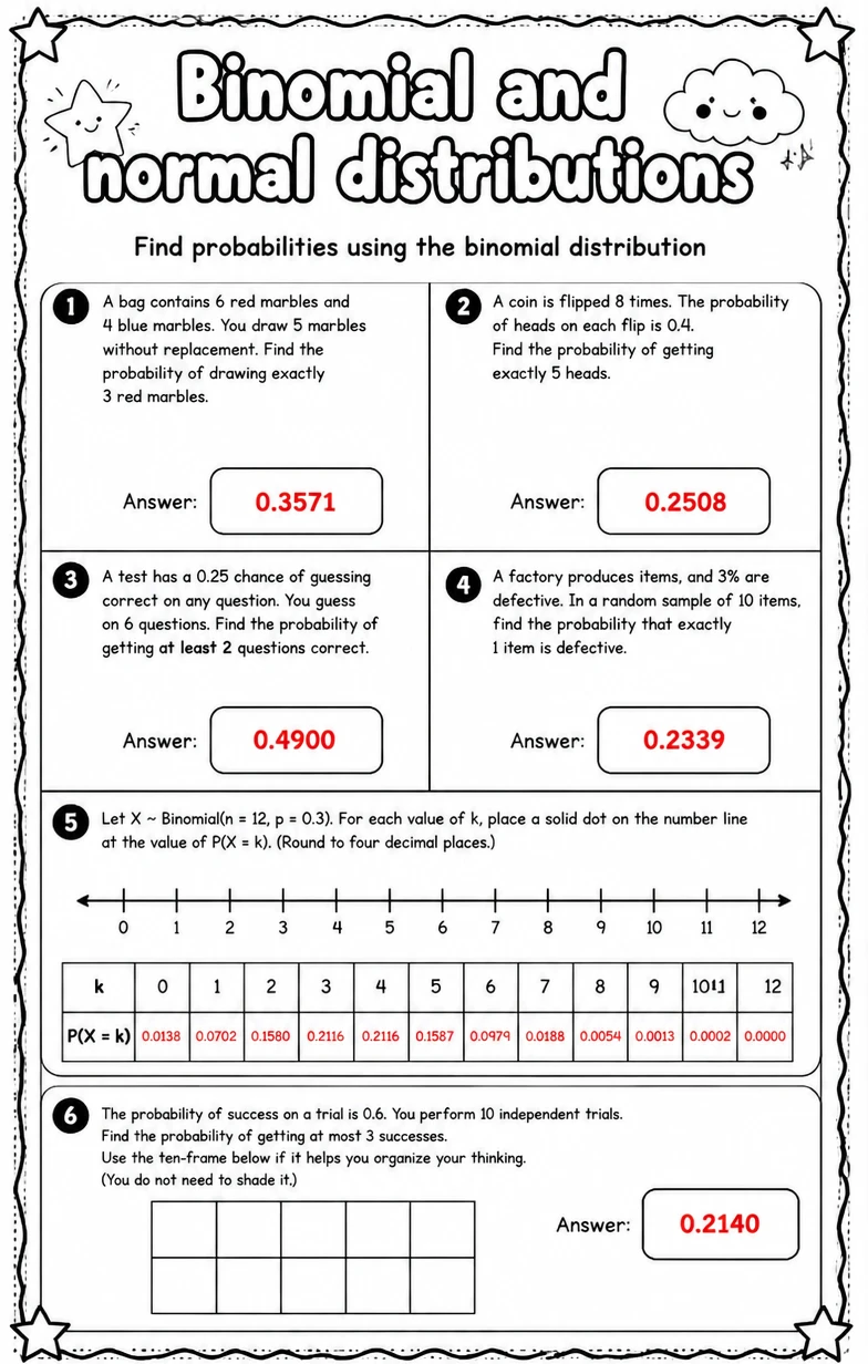Answer key for Find probabilities using the binomial distribution — free printable Math worksheet