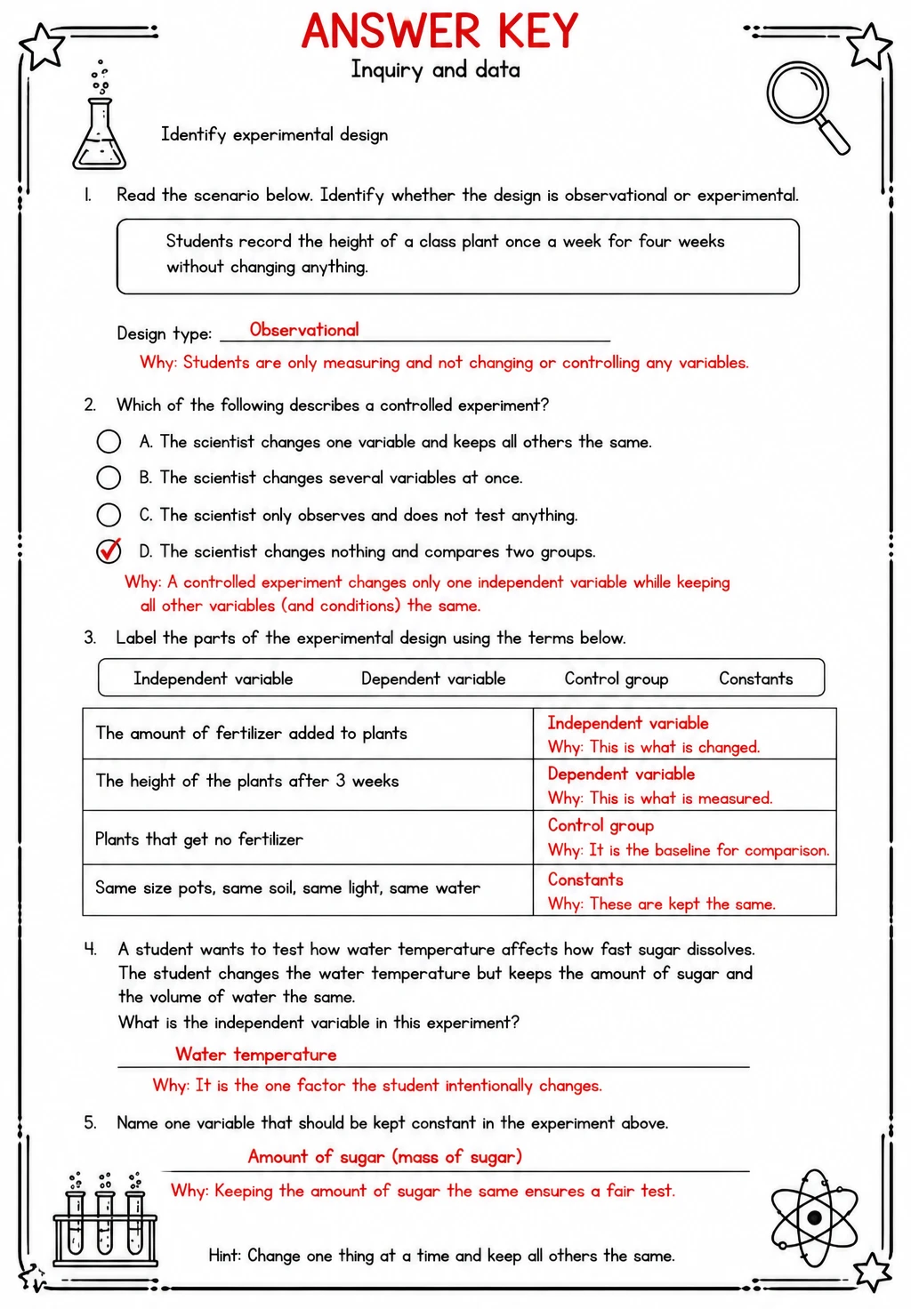 Answer key for Identify experimental design — free printable Science worksheet