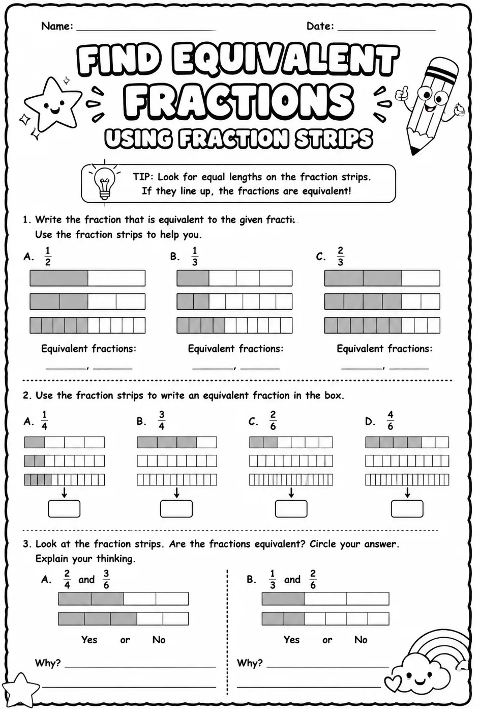 Find equivalent fractions using fraction strips — free printable Grade 3 math worksheet